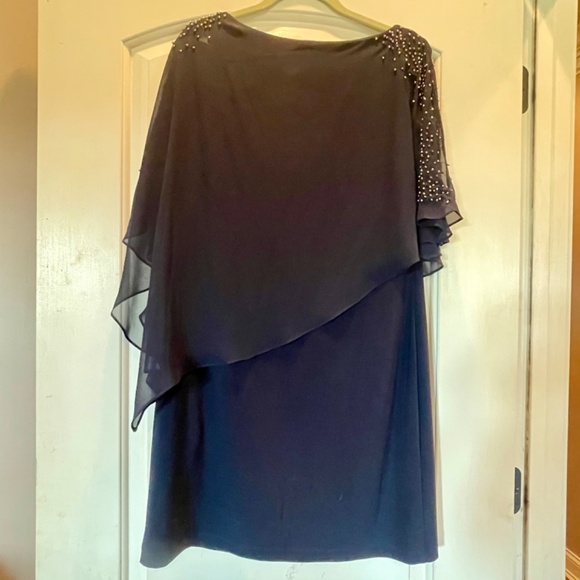 Cocktail Dress by Xscape, Sz 12P, Navy with rhinestones, and cold-shoulder, NWT - Picture 2 of 10